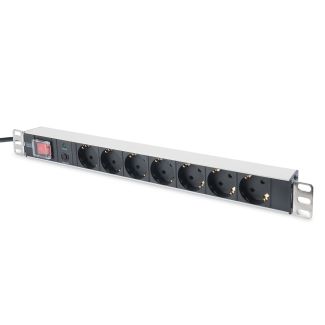 Digitus aluminum outlet strip with overload protection, 7 safety outlets, 2 m supply safety plug