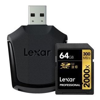 Lexar Professional Scheda SDXC, 64 GB, Velocità fino a 300 MB/s, 2000x, UHS-II/U3, with USB 3.0 card reader