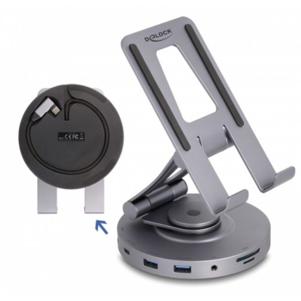 DeLOCK Docking station per tablet e portatile 4K con supporto integrato - HDMI / USB / Hub / SD / Micro SD / PD 3.0 - ruotabile a 360°