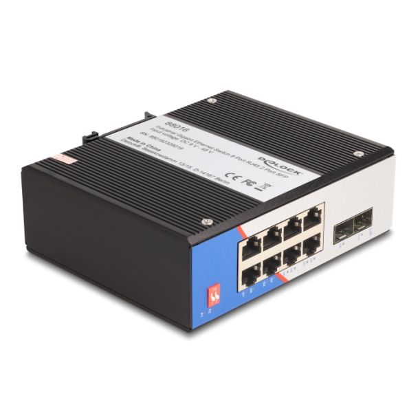 DeLOCK Switch industriale Gigabit Ethernet 8 porte RJ45 2 porte SFP per guida DIN