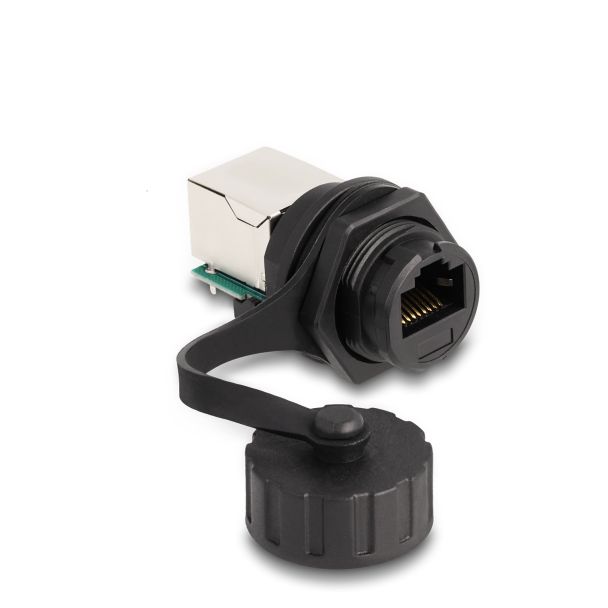 DeLOCK Cable Connector RJ50 jack to RJ50 jack for installation with protective cap IP68 dust and waterproof black