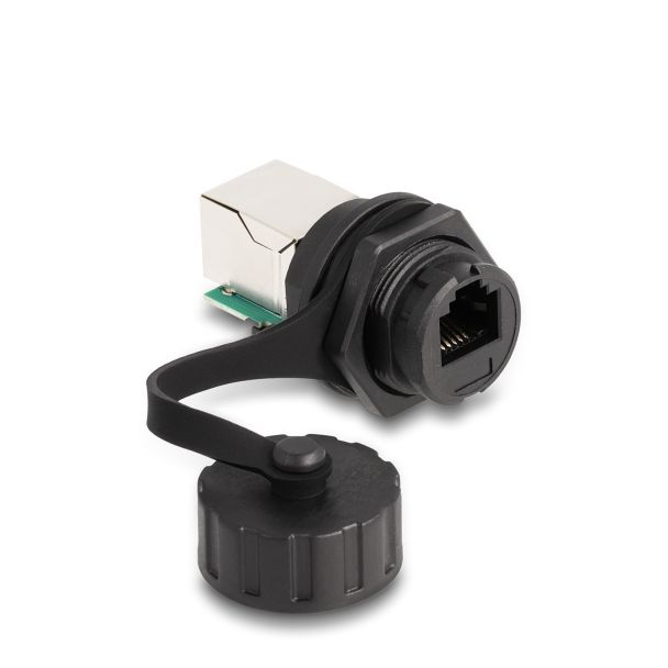 DeLOCK Cable Connector RJ12 jack to RJ12 jack for installation with protective cap IP68 dust and waterproof black