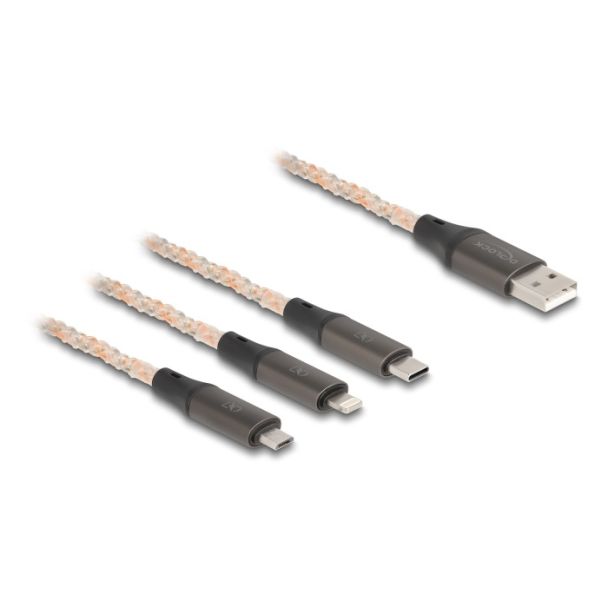 DeLOCK USB RGB Charging Cable 3 in 1 Type-A to Lightning / Micro USB / USB Type-C 1.20 m