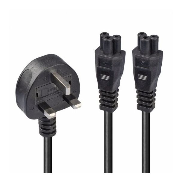 Lindy 2.5m UK 3 Pin Plug To IEC 2 x C5 Splitter Extension Cable, Black