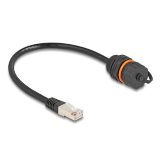 DeLOCK Cavo da RJ45 maschio a RJ45 femmina Cat.6A da incasso con filettatura M20 e cappuccio protettivo IP68 antipolvere e impermeabile 25 cm nero