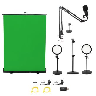 Ikan International HS-KIT-4 HomeStream Kit #4 with 2 Desktop Lights, Pull-Up Green Screen, HDMI Capture Device, Adjustable Camera Stand, Podcast Microphone w/ Adjustable Arm